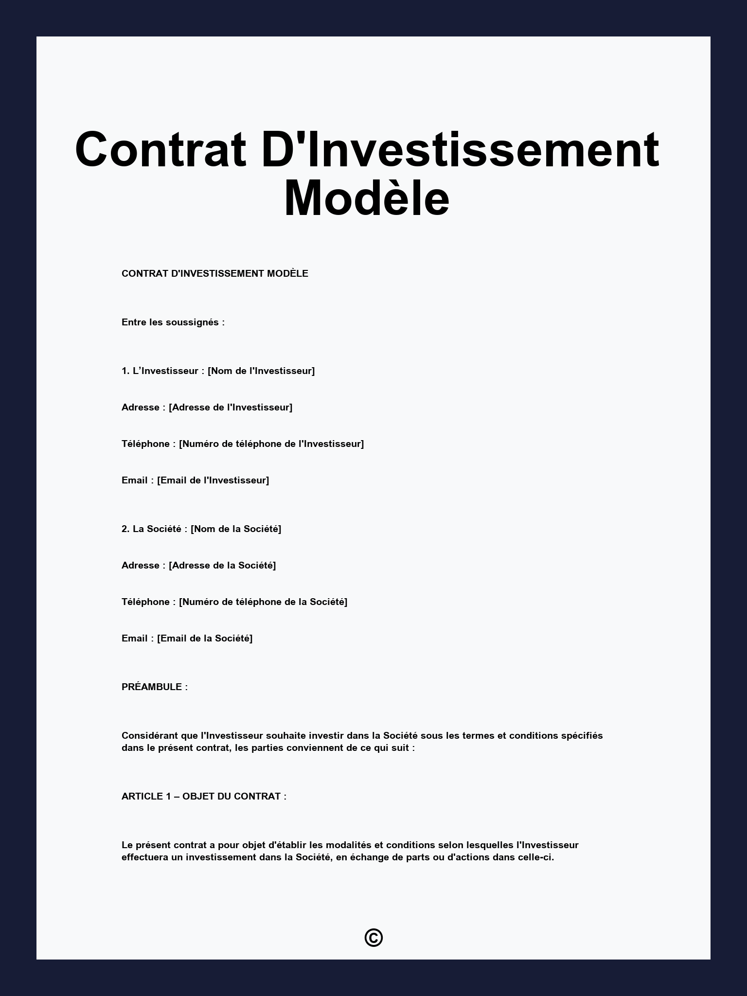 Contrat D'Investissement Modèle