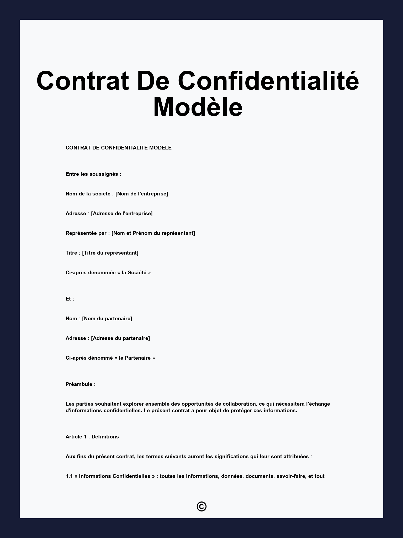 Contrat De Confidentialité Modèle