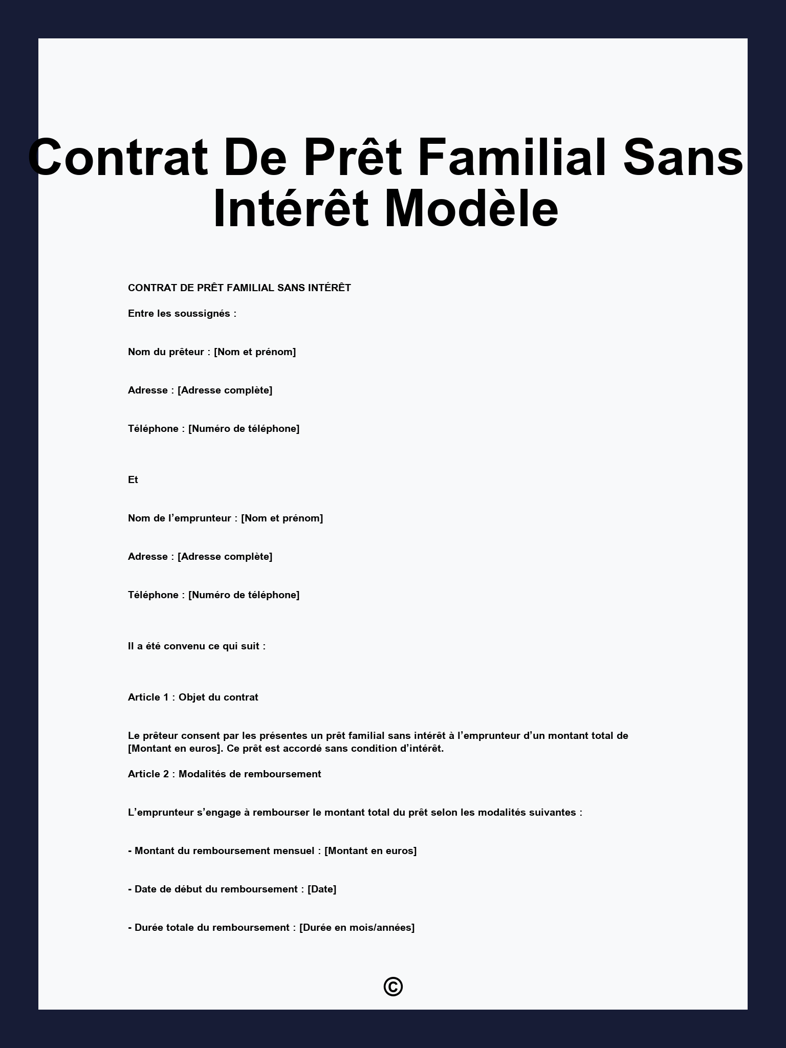 Contrat De Prêt Familial Sans Intérêt Modèle