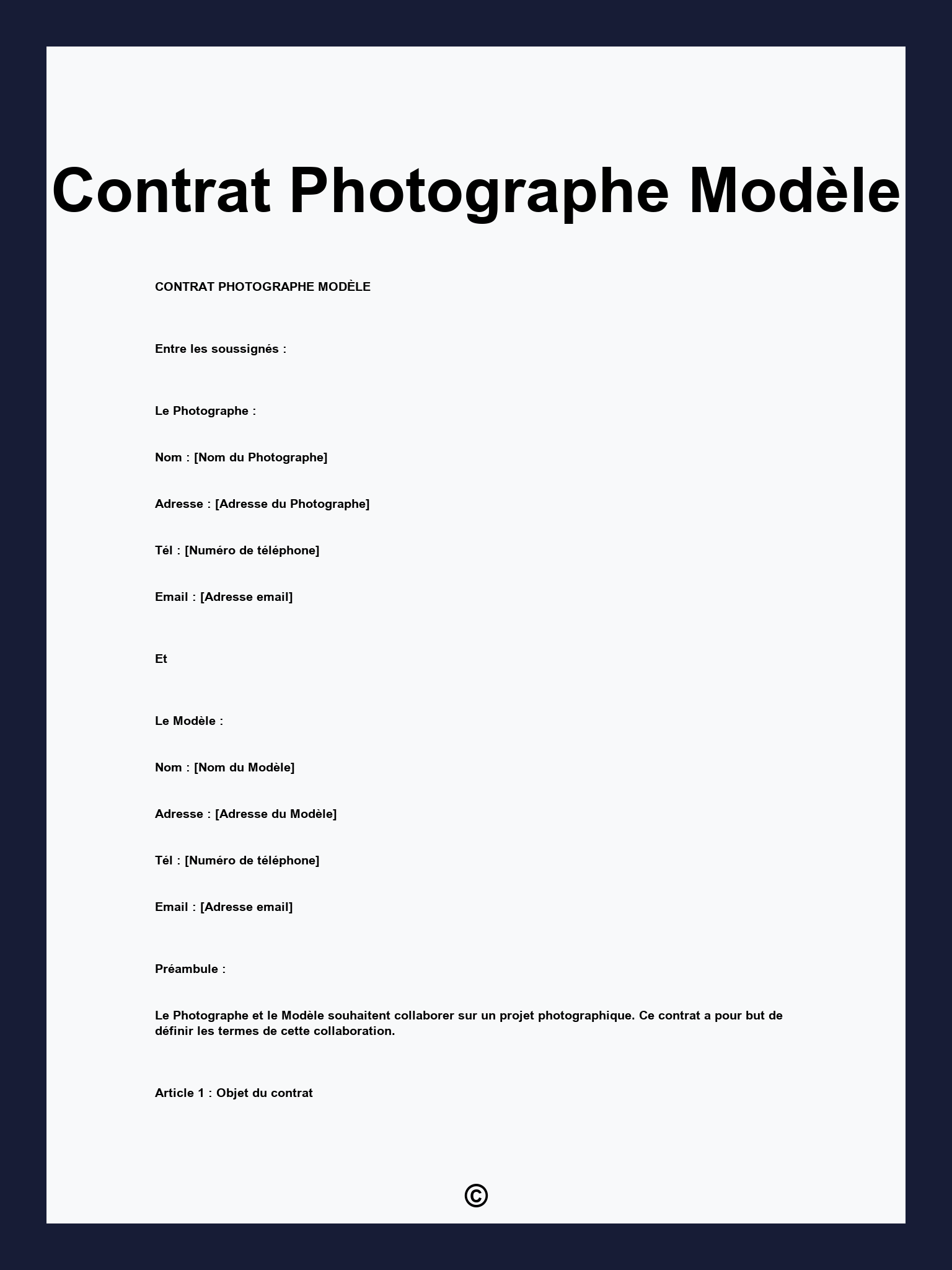 Contrat Photographe Modèle