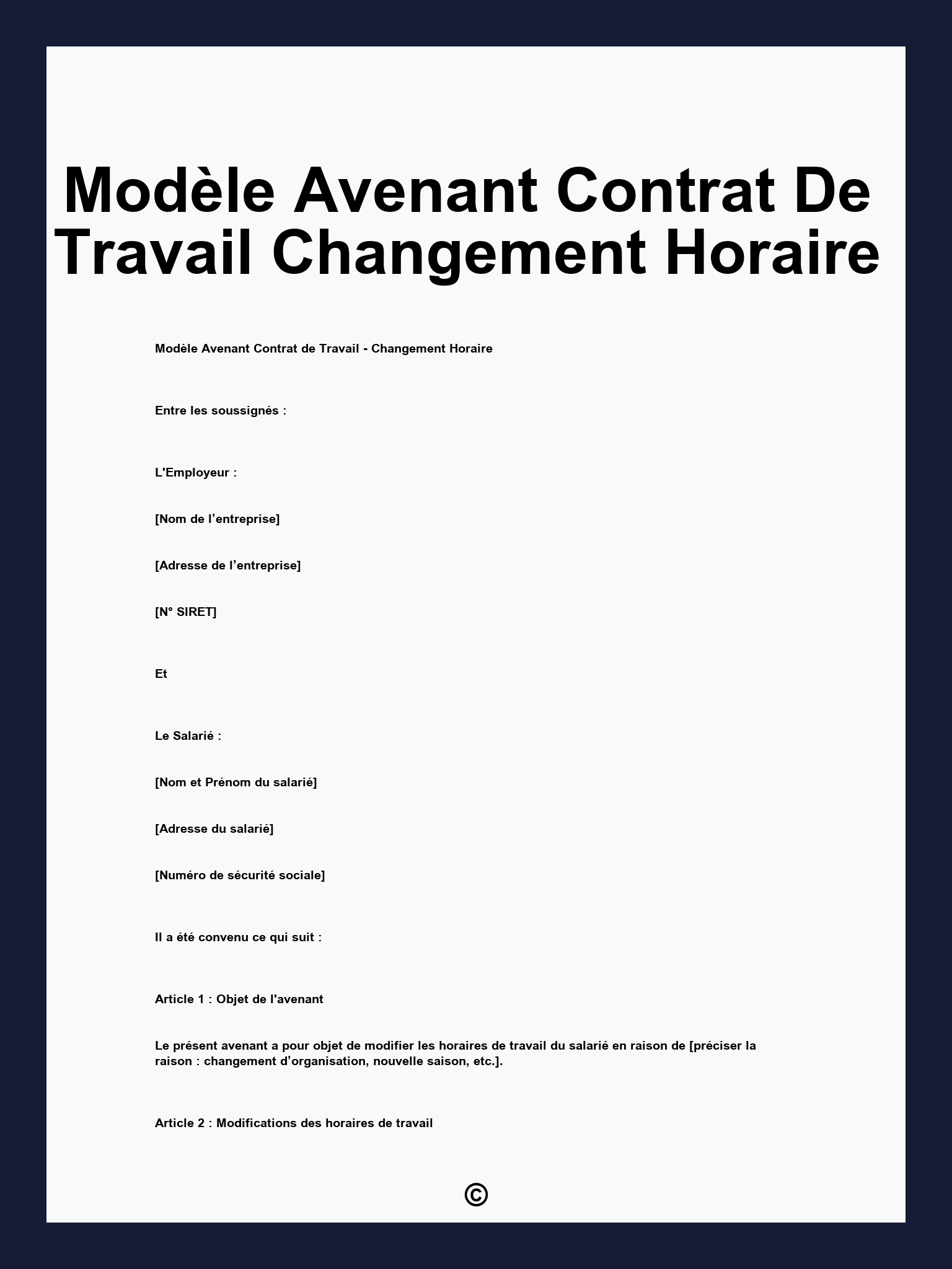 Modèle Avenant Contrat De Travail Changement Horaire