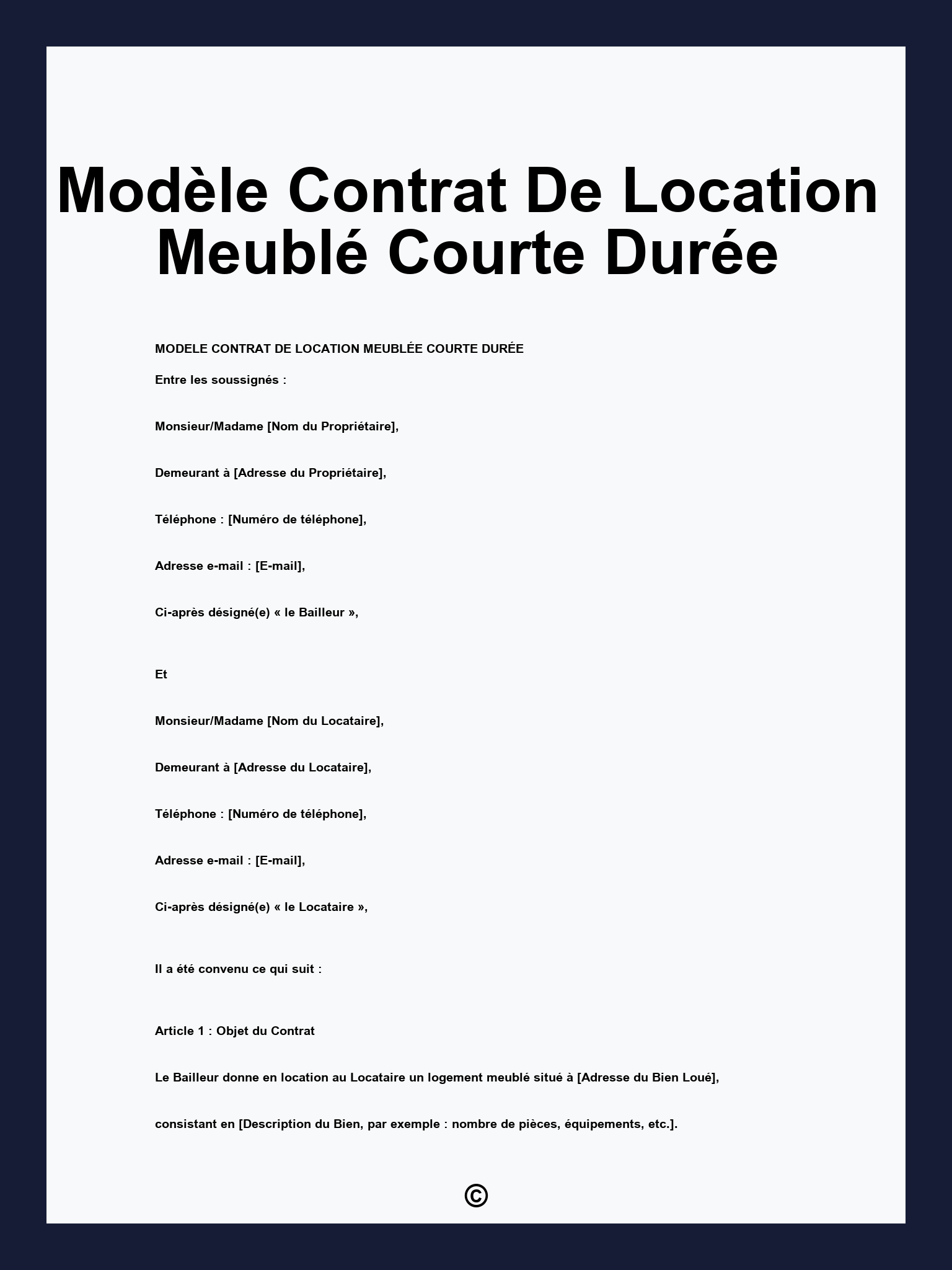 Modèle Contrat De Location Meublé Courte Durée