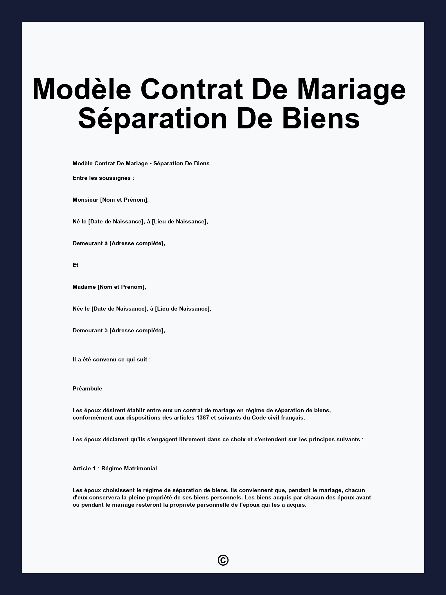 Modèle Contrat De Mariage Séparation De Biens