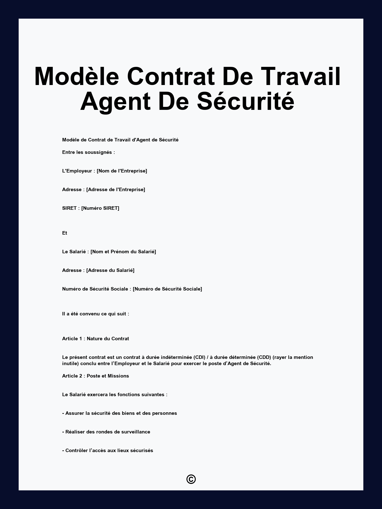 Modèle Contrat De Travail Agent De Sécurité