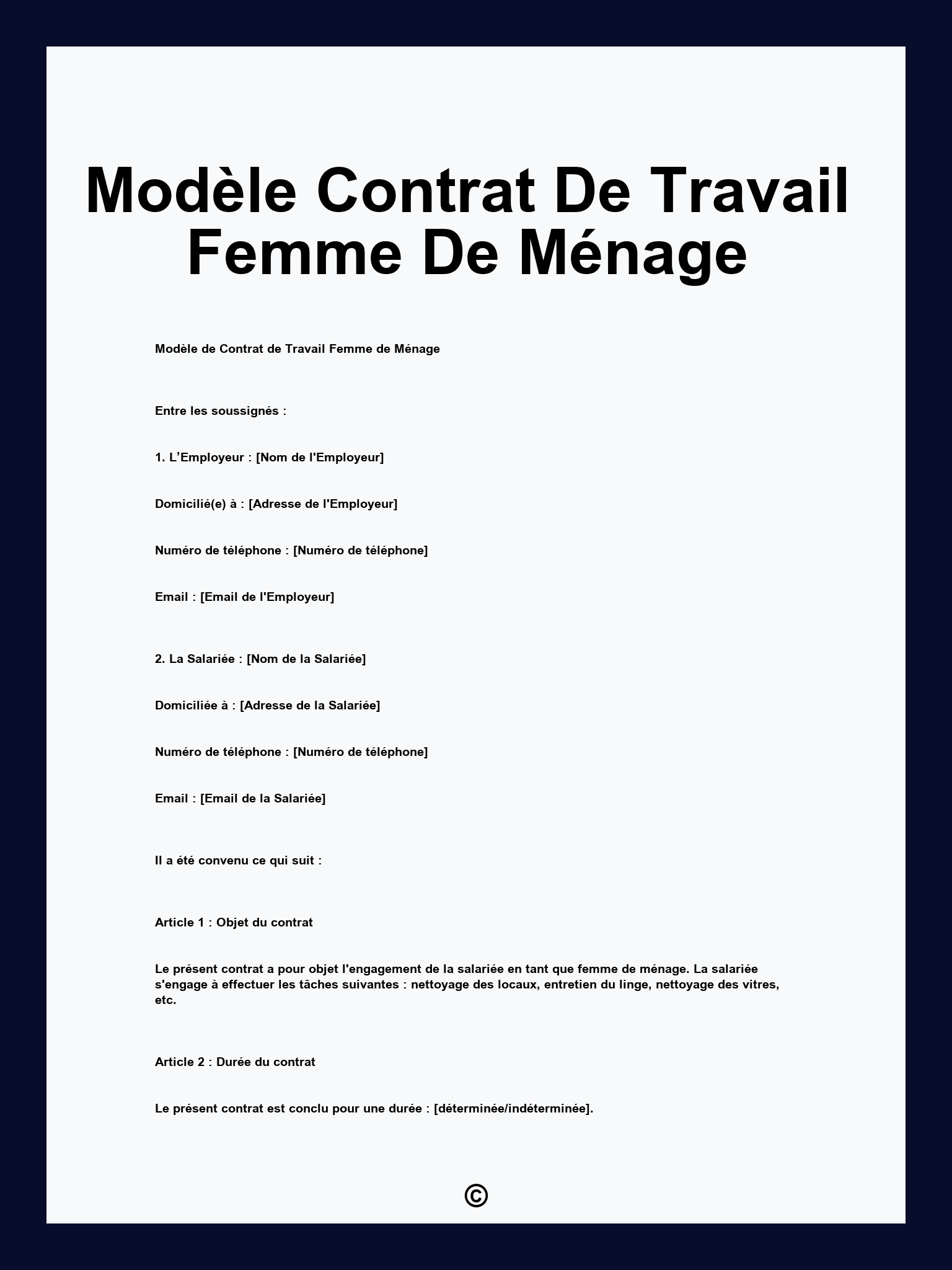 Modèle Contrat De Travail Femme De Ménage
