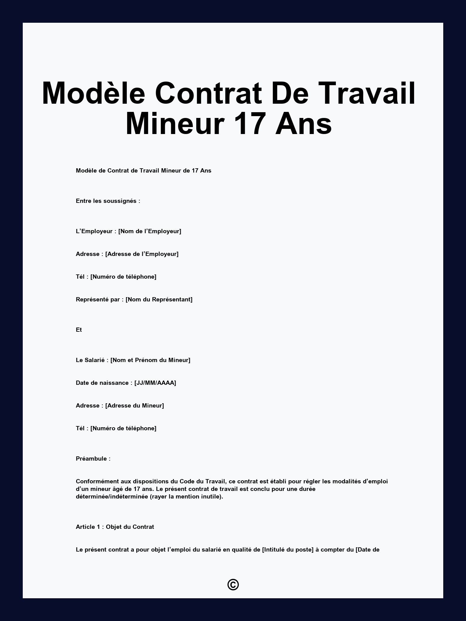 Modèle Contrat De Travail Mineur 17 Ans