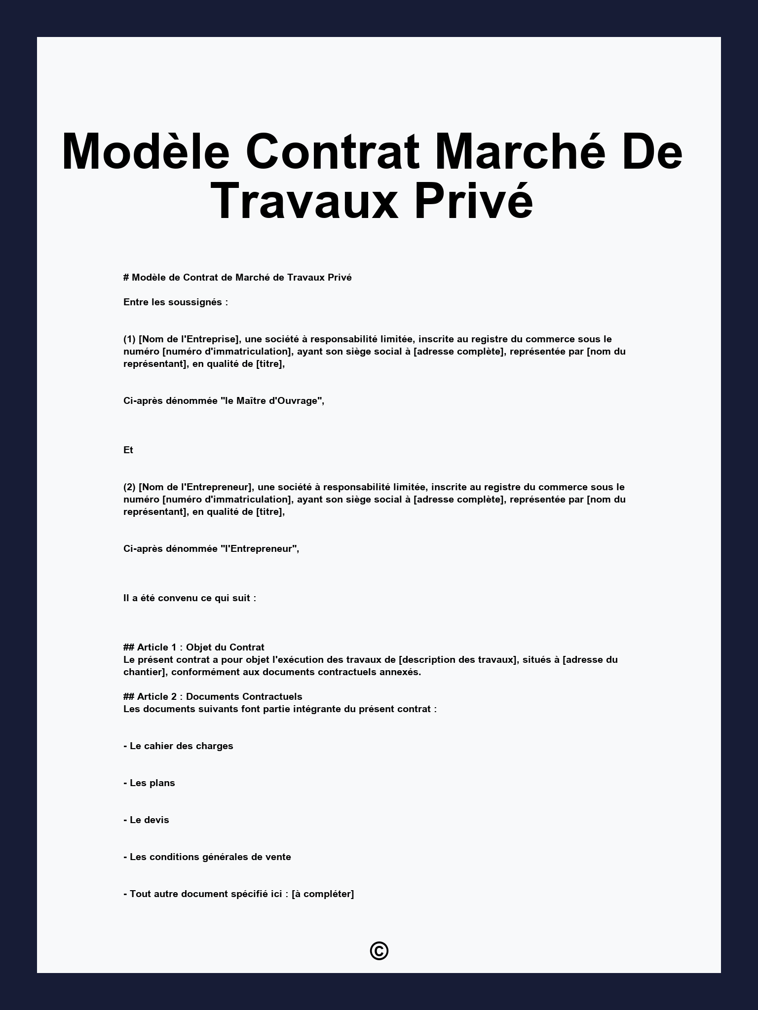 Modèle Contrat Marché De Travaux Privé