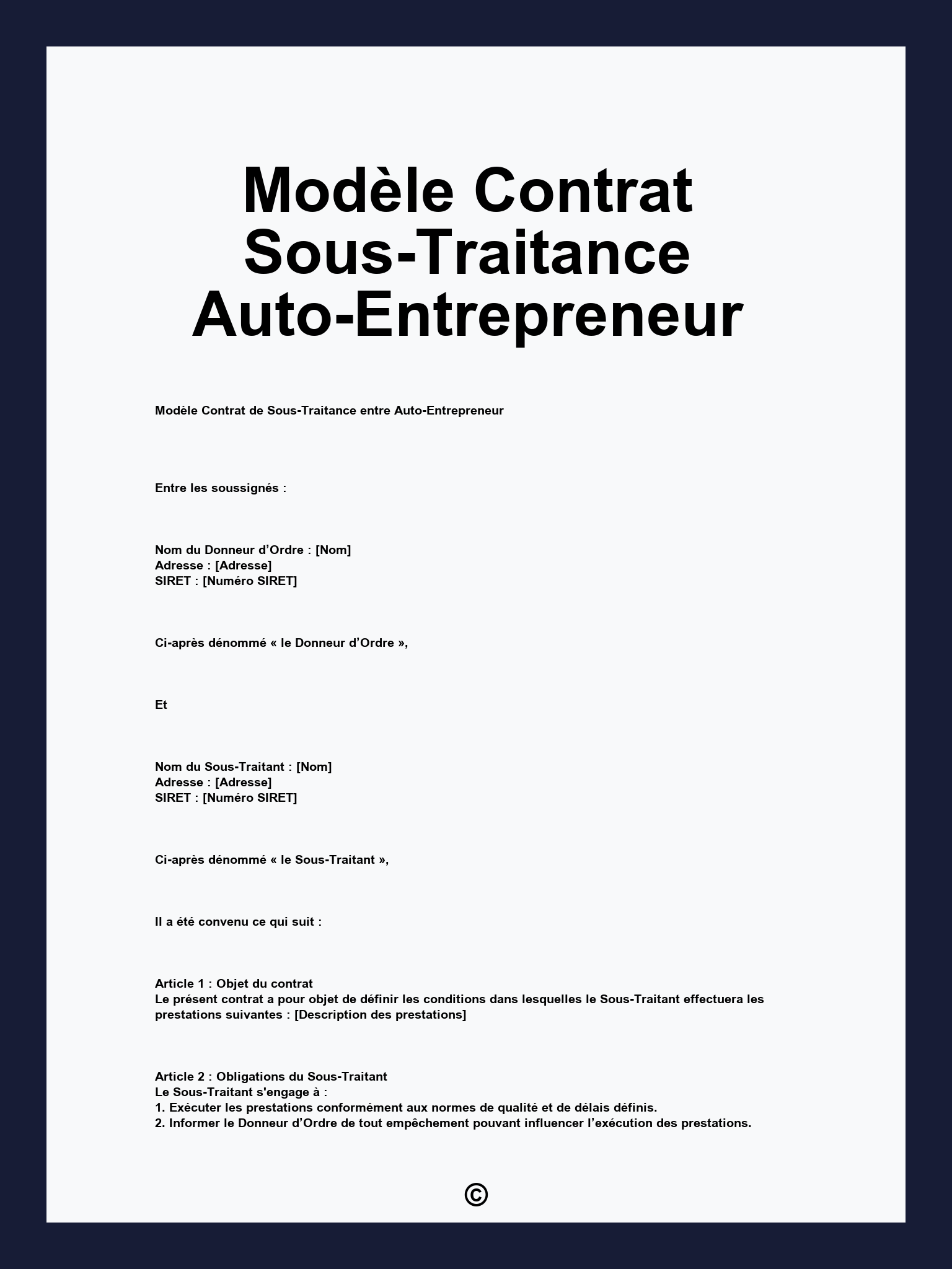 Modèle Contrat Sous-Traitance Auto-Entrepreneur