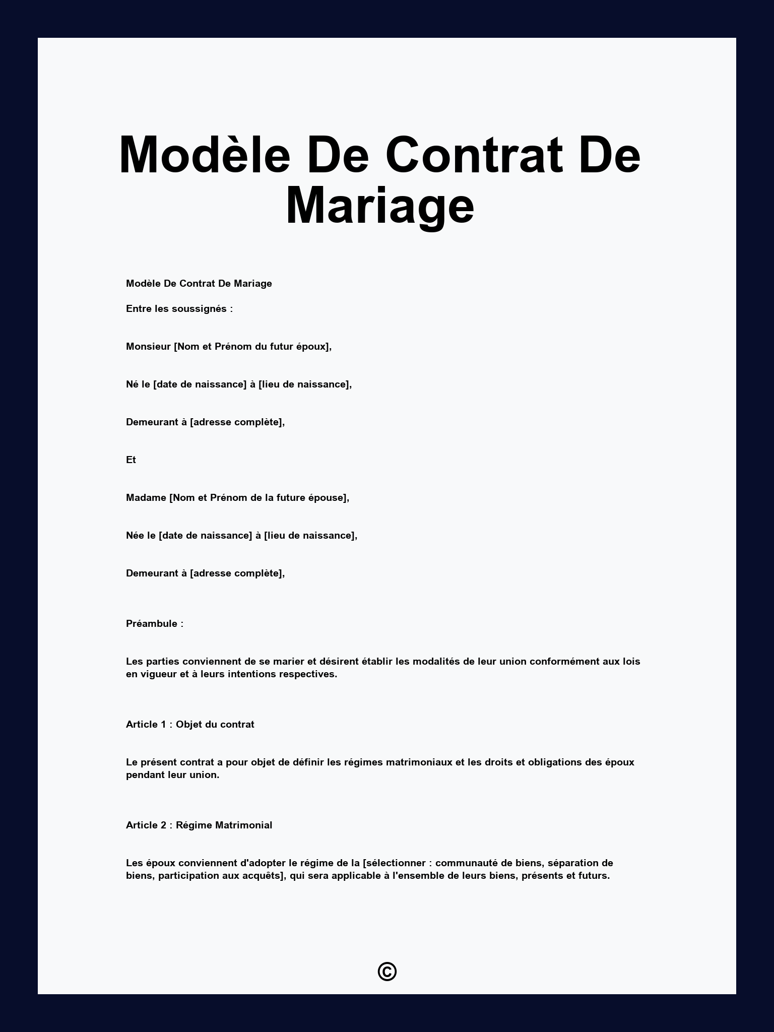 Modèle De Contrat De Mariage
