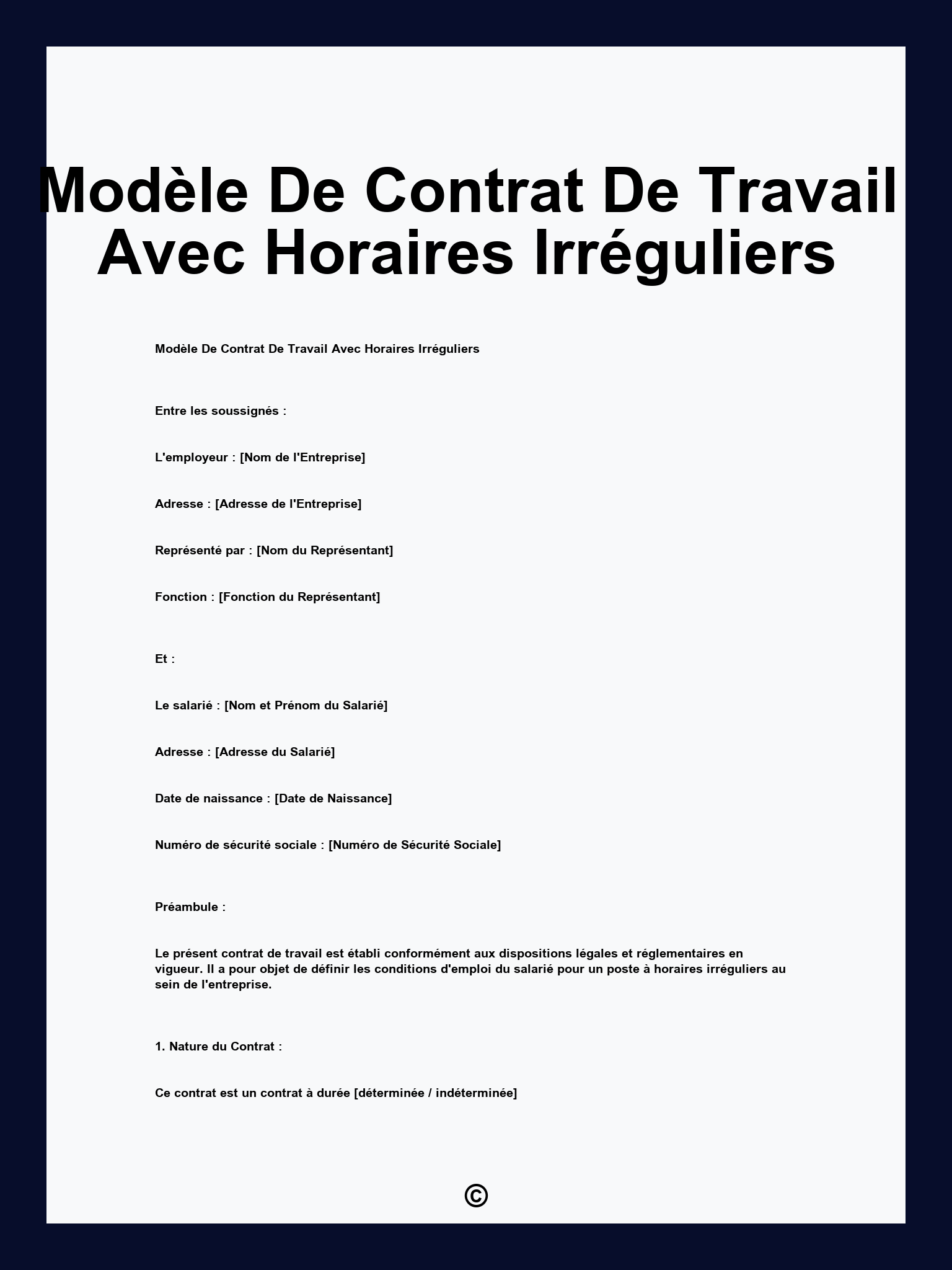 Modèle De Contrat De Travail Avec Horaires Irréguliers